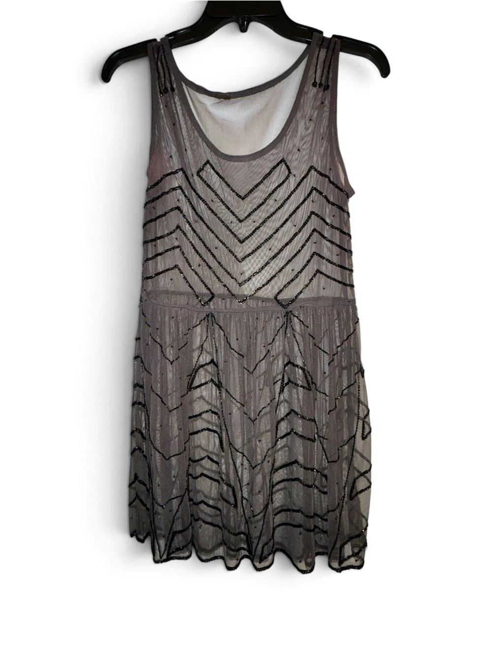 Free People Embellished Mesh Slip Dress in Gray & Black